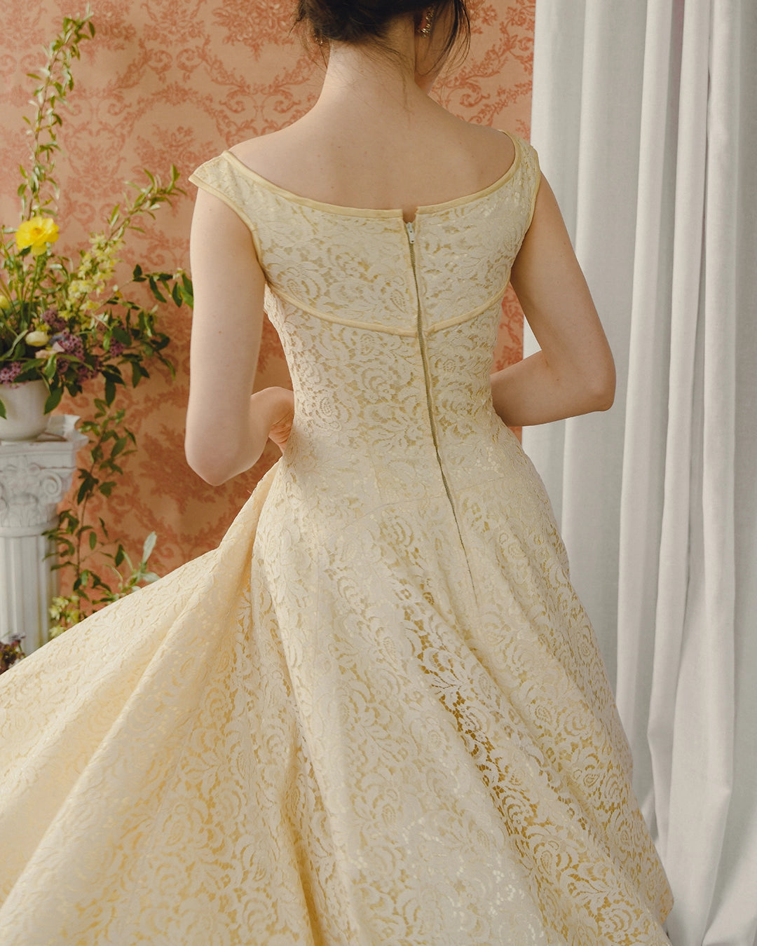 1950s Bateau-Neckline Cream Lace Fit And Flare Dress