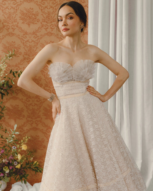 Vintage 1950s Lace and Tulle Cocktail Dress With Sunray-Pleated Tulle Ruffled Chest