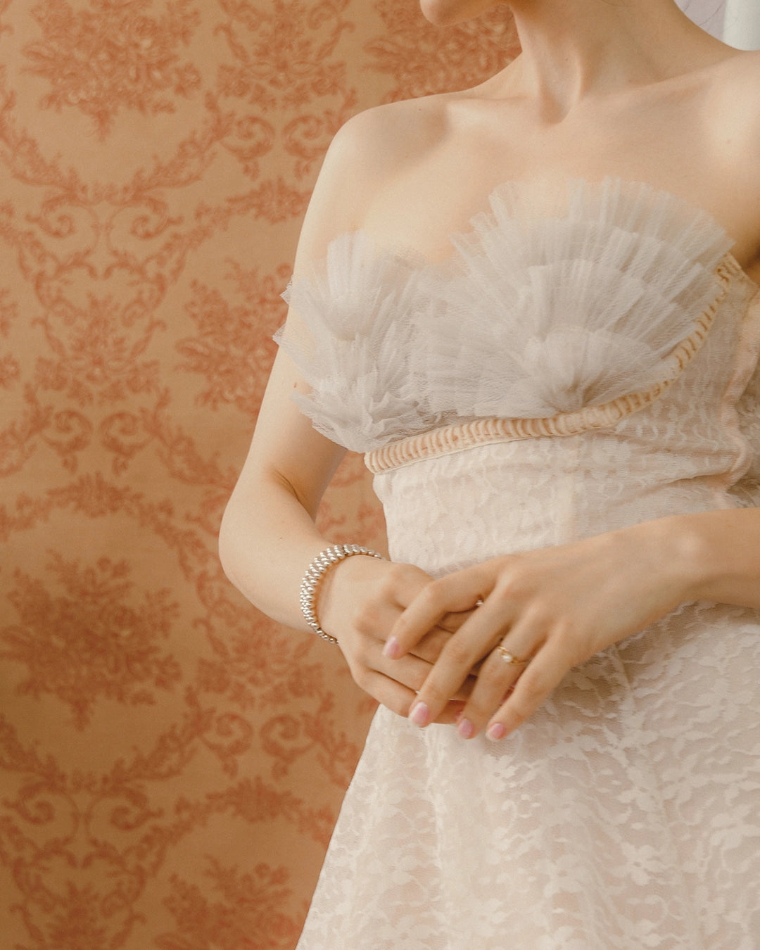 Vintage 1950s Lace and Tulle Cocktail Dress With Sunray-Pleated Tulle Ruffled Chest