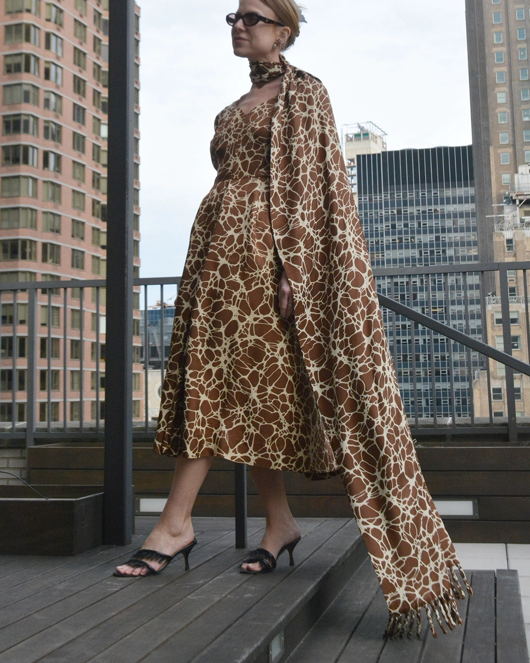 1950s Adele Simpson Printed Silk Sheath Dress with Matching Fringed Shawl/Sash