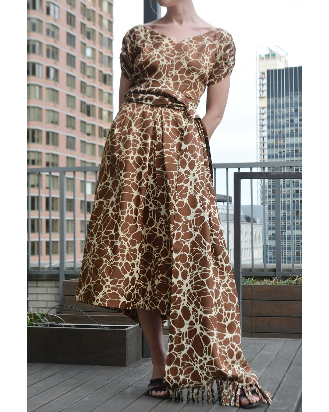 1950s Adele Simpson Printed Silk Sheath Dress with Matching Fringed Shawl/Sash