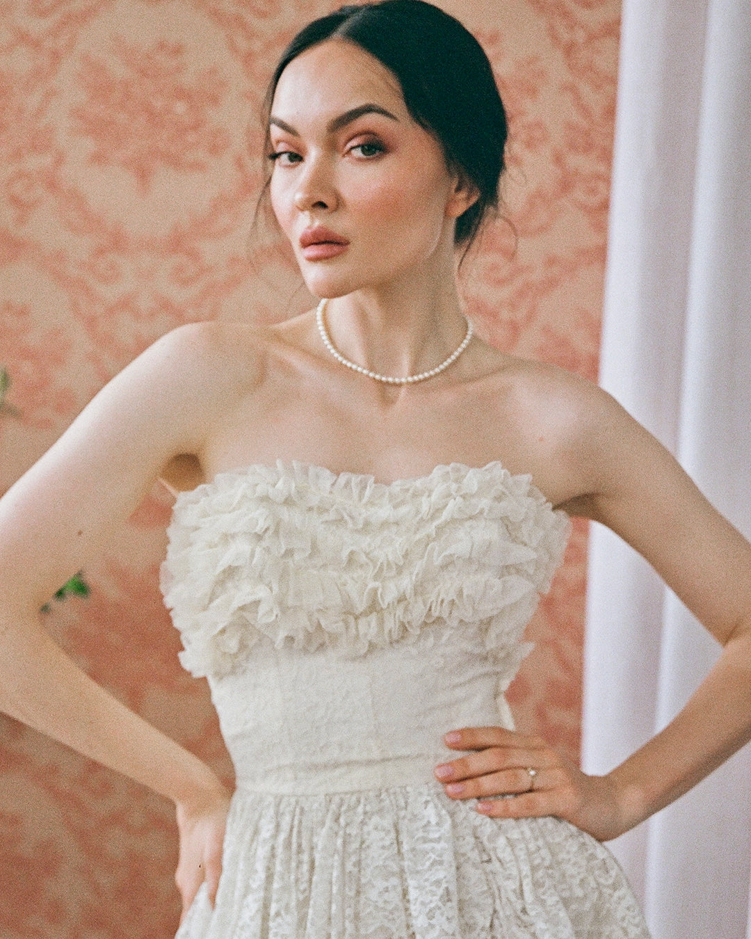 Vintage 1950s Bustled Lace And Tulle-Ruffle Party Dress