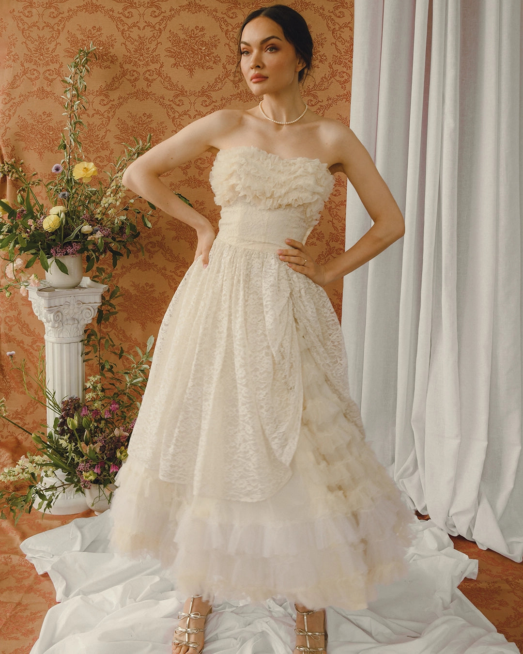 Vintage 1950s Bustled Lace And Tulle-Ruffle Party Dress