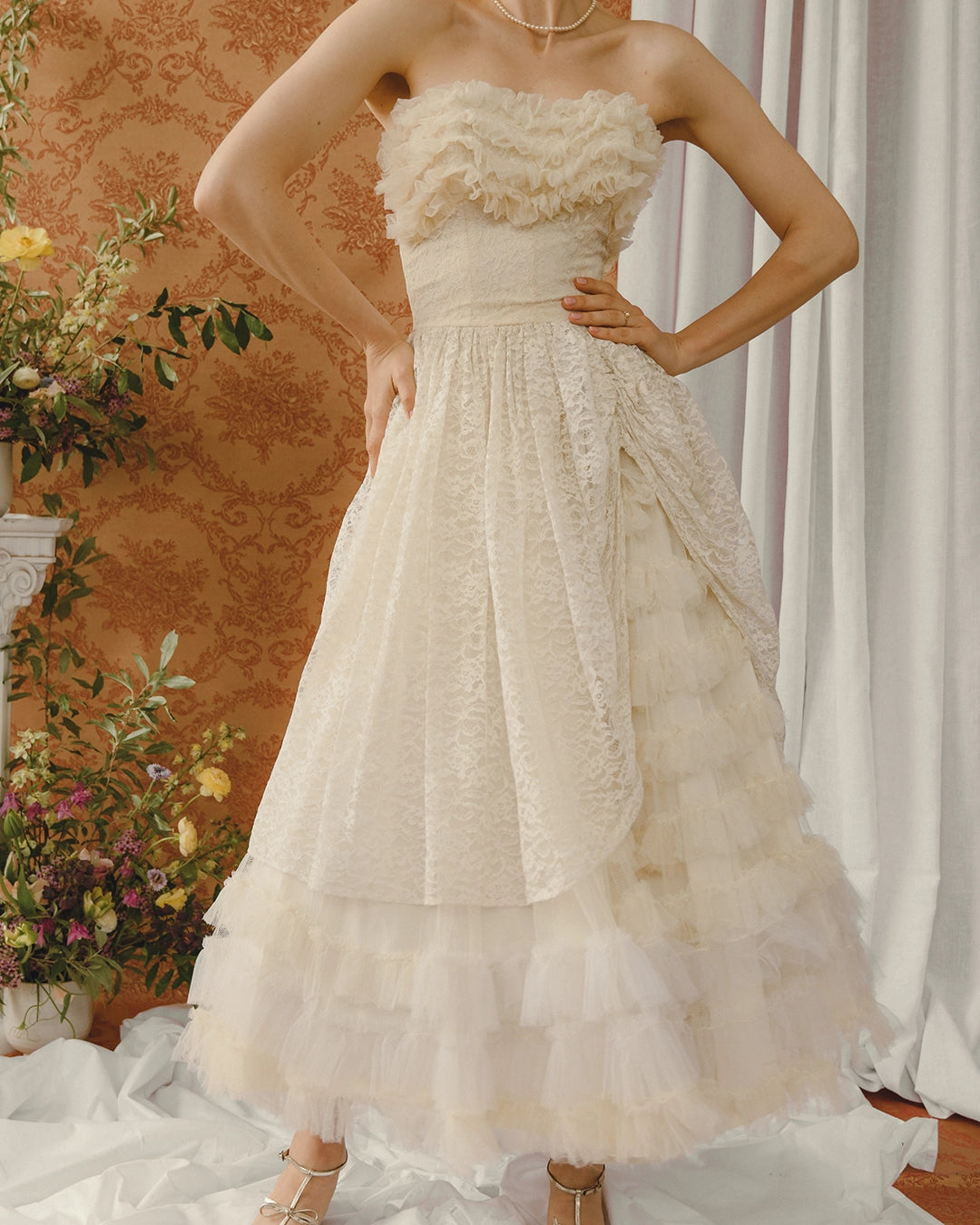 Vintage 1950s Bustled Lace And Tulle-Ruffle Party Dress