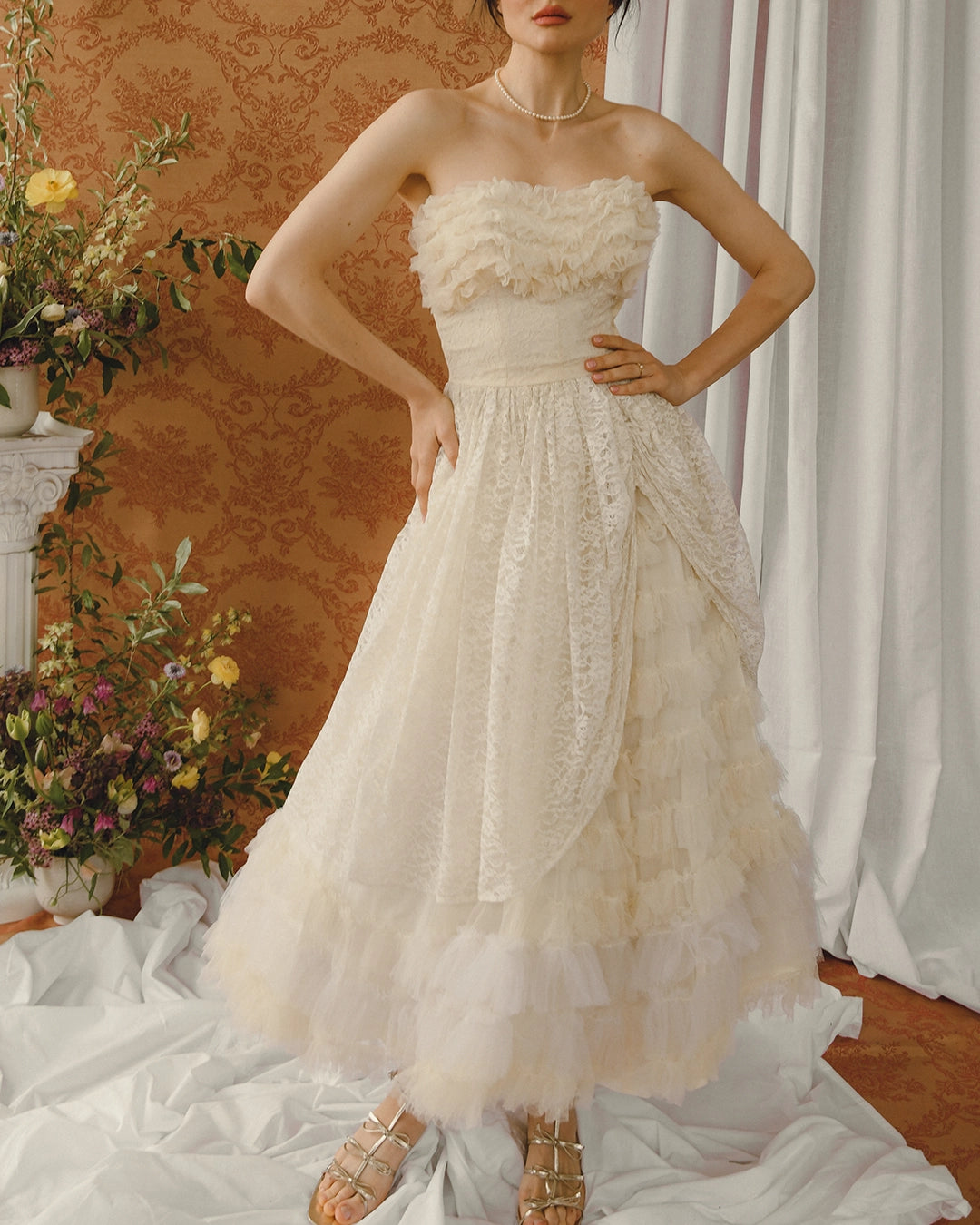 Vintage 1950s Bustled Lace And Tulle-Ruffle Party Dress