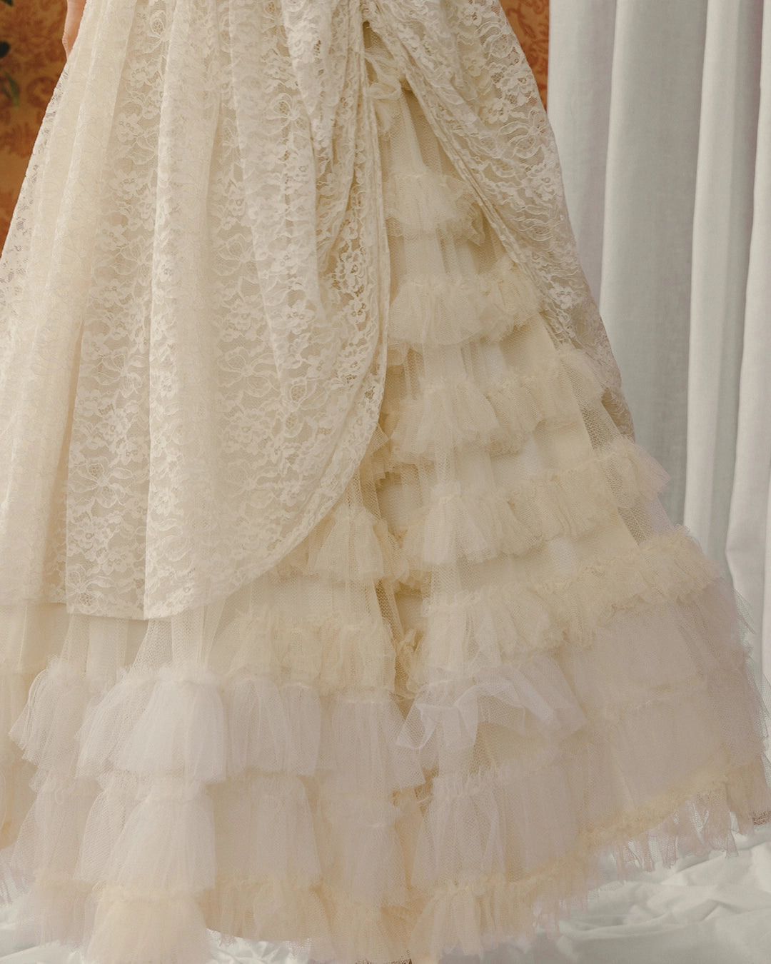 Vintage 1950s Bustled Lace And Tulle-Ruffle Party Dress