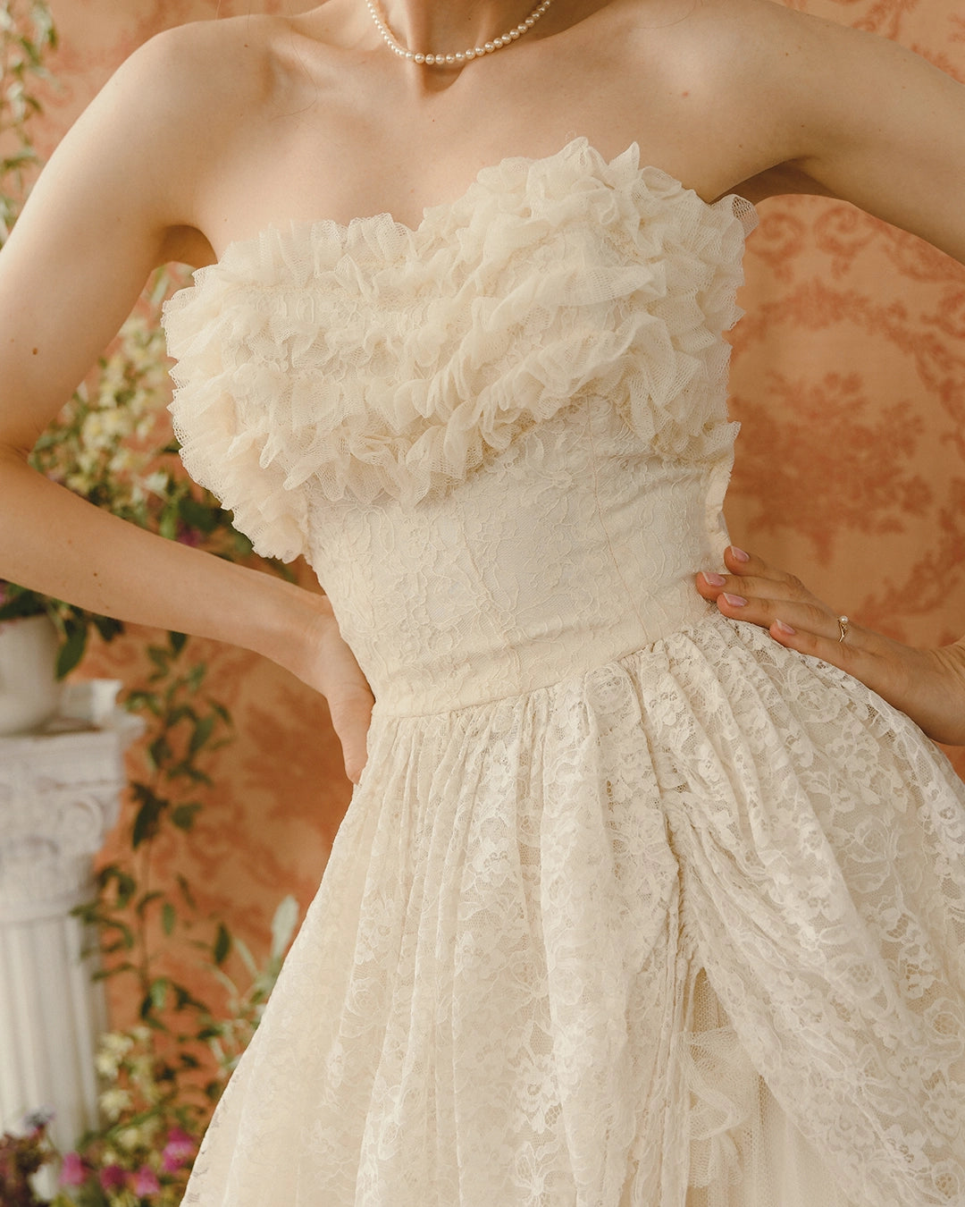 Vintage 1950s Bustled Lace And Tulle-Ruffle Party Dress