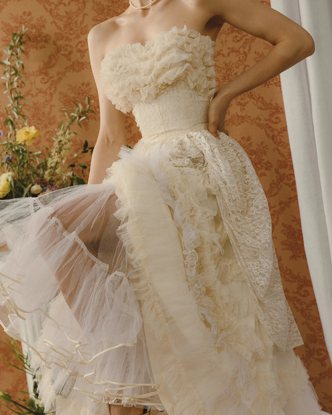 Vintage 1950s Bustled Lace And Tulle-Ruffle Party Dress