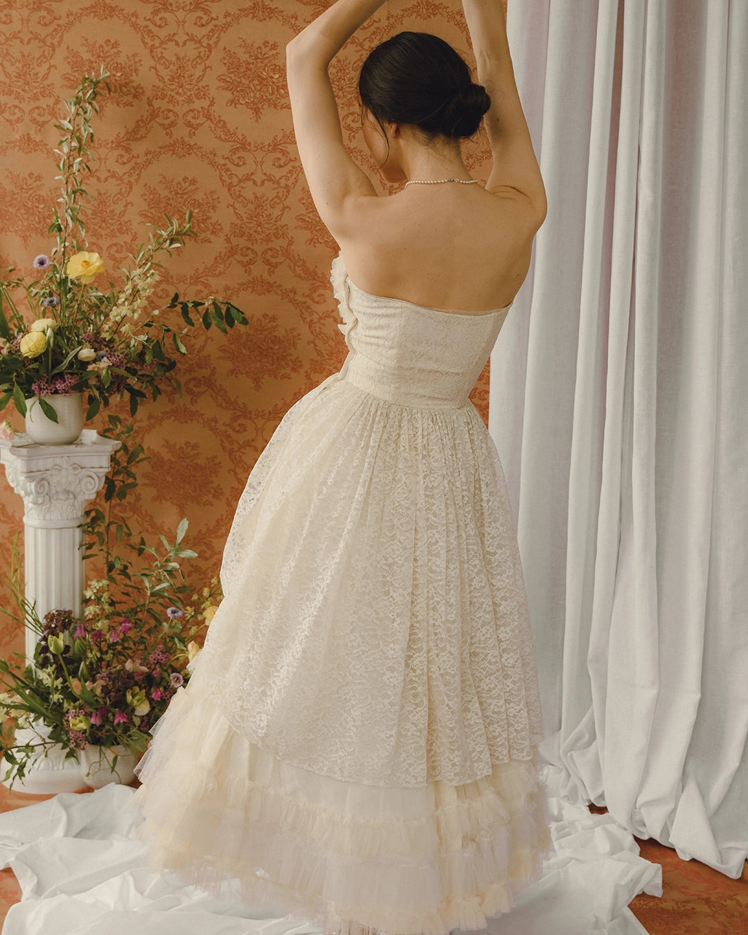 Vintage 1950s Bustled Lace And Tulle-Ruffle Party Dress