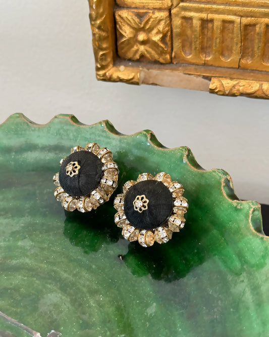 1950s Vendome Silk & Crystal Button Earrings
