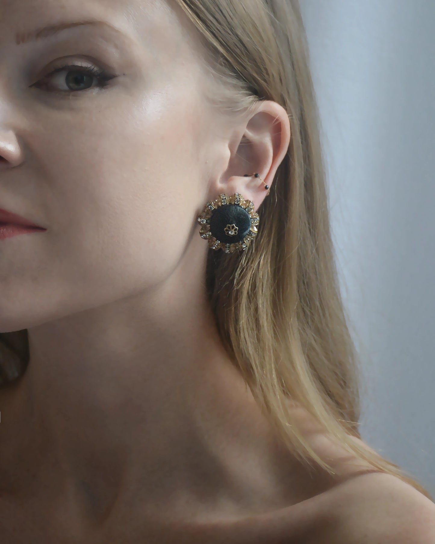 1950s Vendome Silk & Crystal Button Earrings