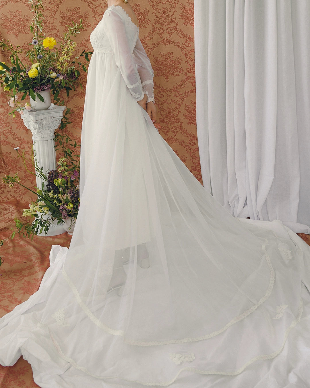 1960s Empire Waist Regency-Style Bridal Gown With Crochet Lace Appliqué And Train