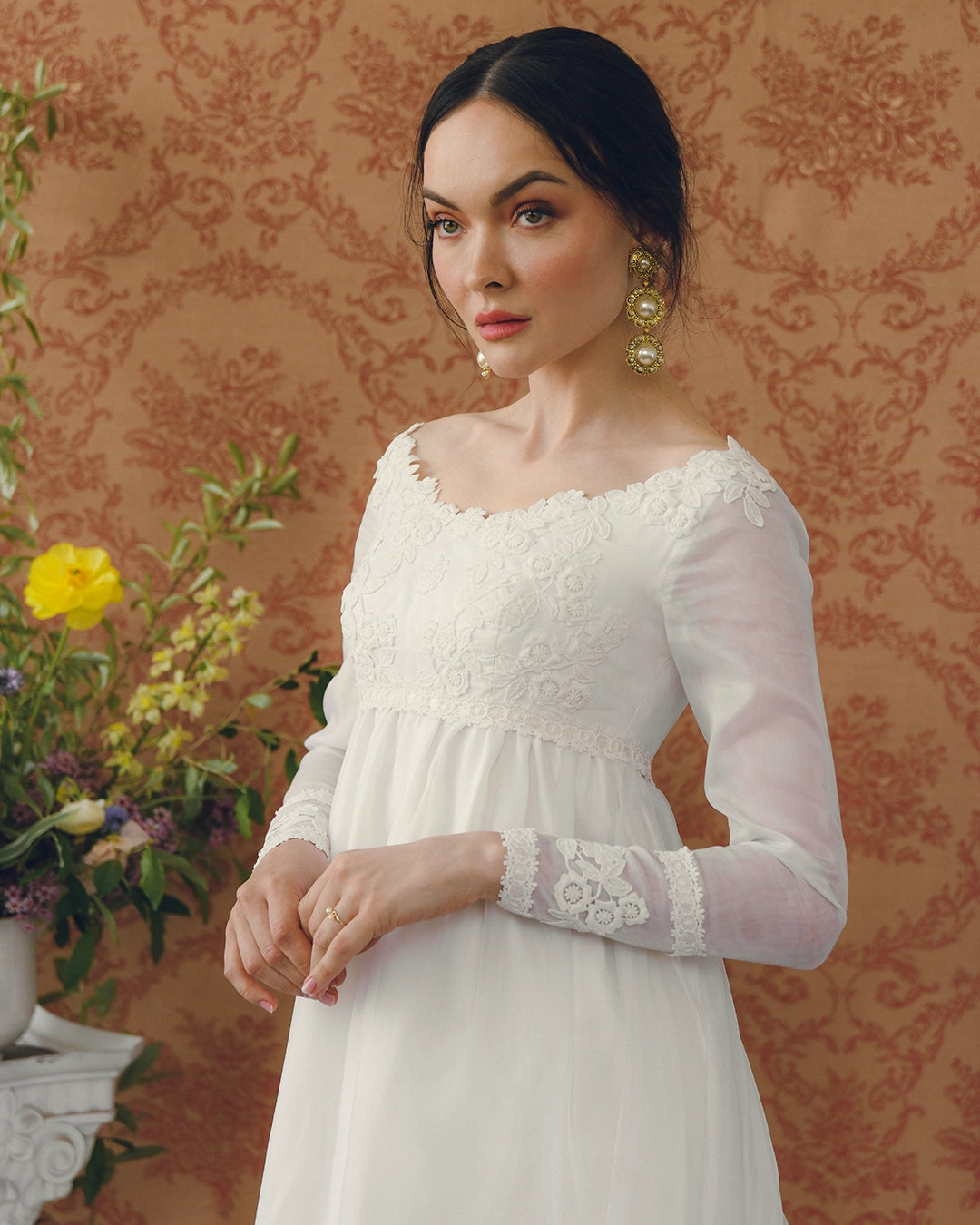 1960s Empire Waist Regency-Style Bridal Gown With Crochet Lace Appliqué And Train