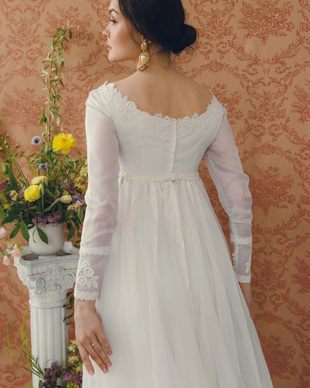 1960s Empire Waist Regency-Style Bridal Gown With Crochet Lace Appliqué And Train