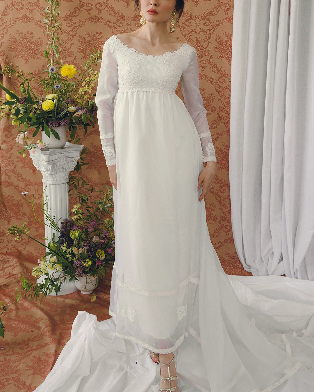 1960s Empire Waist Regency-Style Bridal Gown With Crochet Lace Appliqué And Train