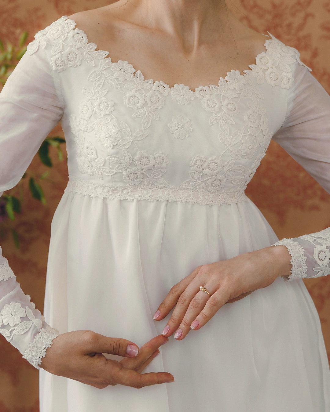 1960s Empire Waist Regency-Style Bridal Gown With Crochet Lace Appliqué And Train