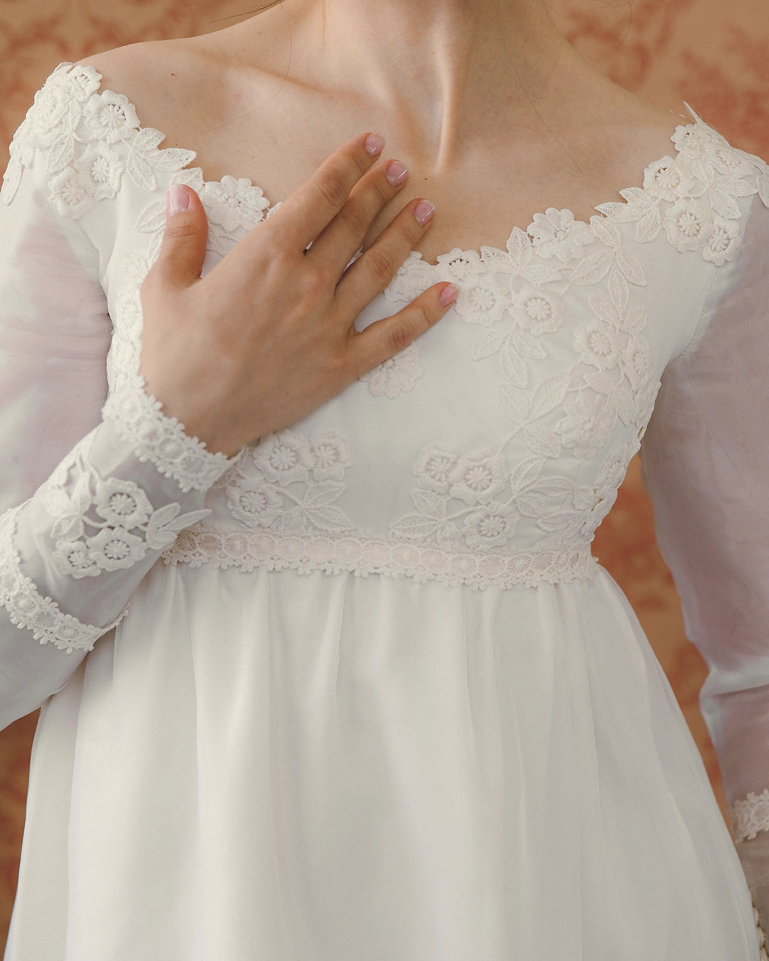 1960s Empire Waist Regency-Style Bridal Gown With Crochet Lace Appliqué And Train