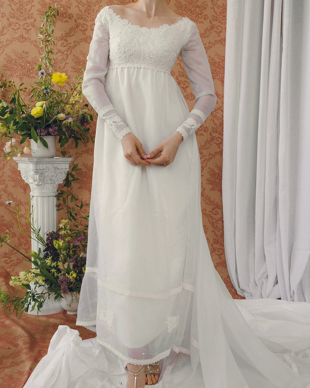 1960s Empire Waist Regency-Style Bridal Gown With Crochet Lace Appliqué And Train