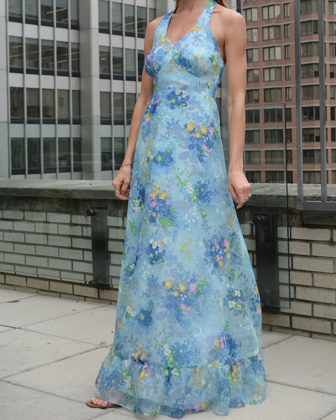 1970s Floral Halter Dress with Handpainted Details and Matching Wrap Bolero