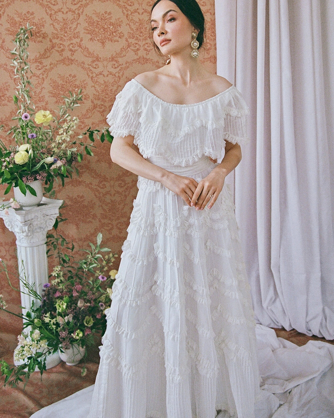 Vintage 1950s Off-the-Shoulder Pintucked Mexican Wedding Dress with Scalloped Lace Trim