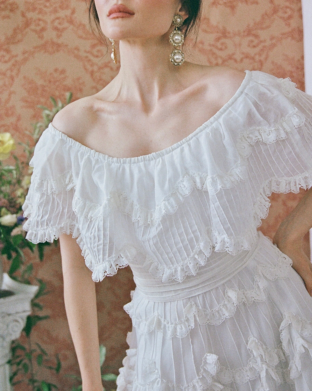 Vintage 1950s Off-the-Shoulder Pintucked Mexican Wedding Dress with Scalloped Lace Trim