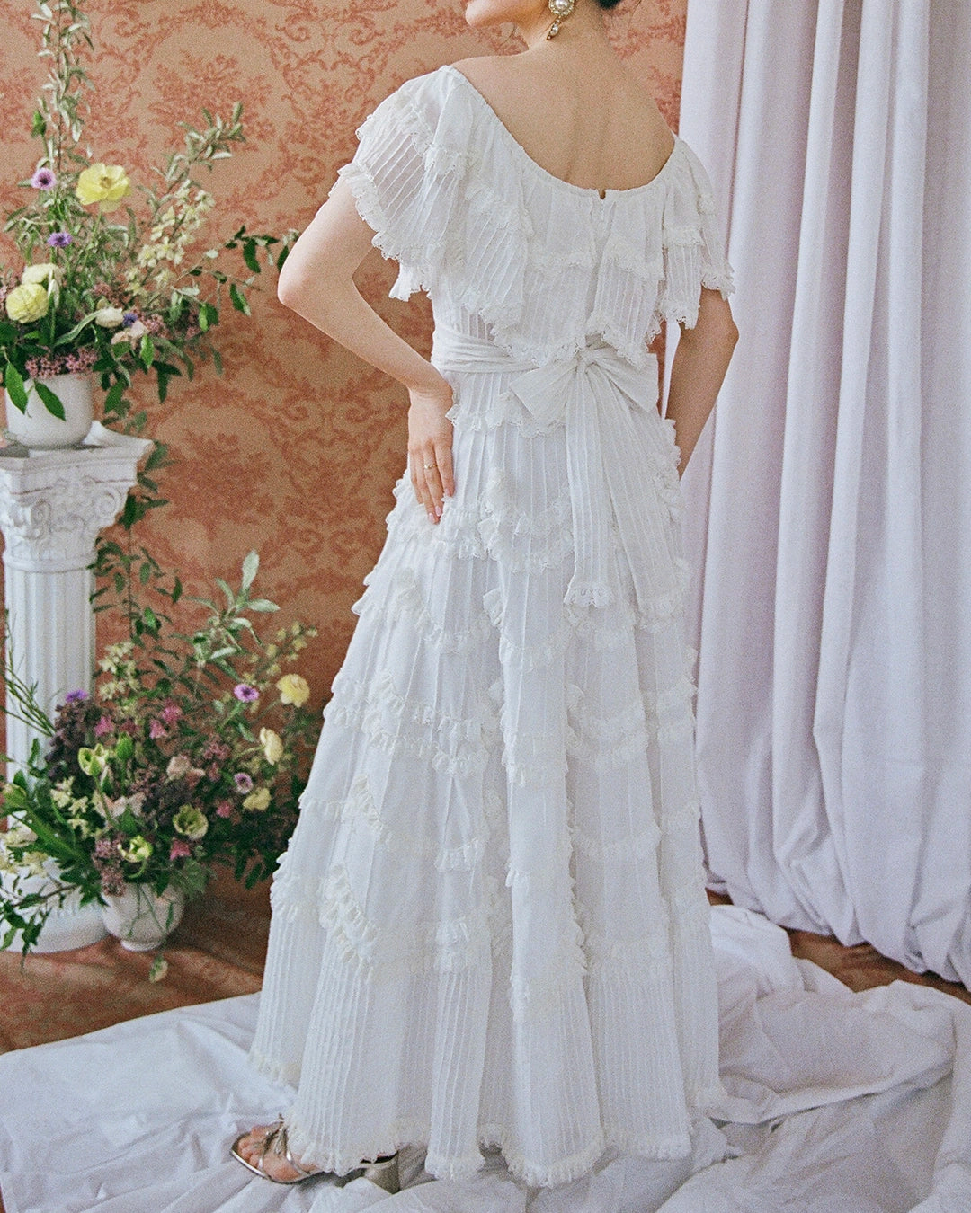 Vintage 1950s Off-the-Shoulder Pintucked Mexican Wedding Dress with Scalloped Lace Trim
