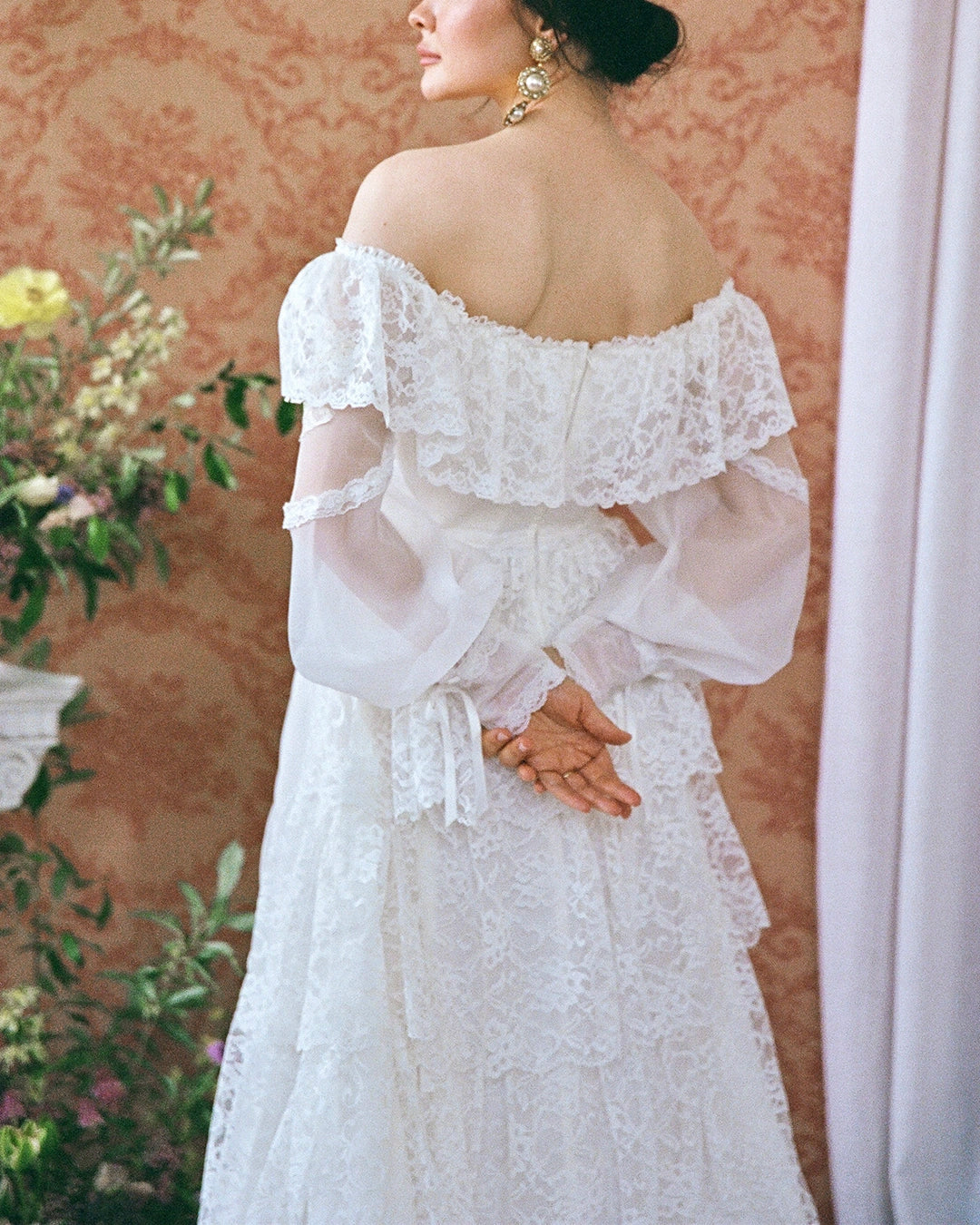 Vintage Off-The-Shoulder Lace Bridal Gown With Tiered Watteau-Style Train