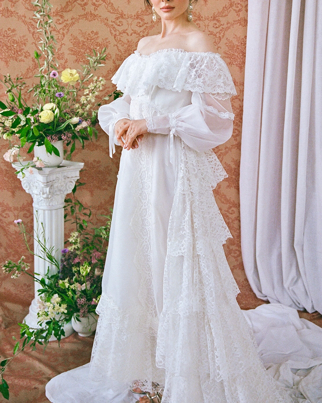Vintage Off-The-Shoulder Lace Bridal Gown With Tiered Watteau-Style Train