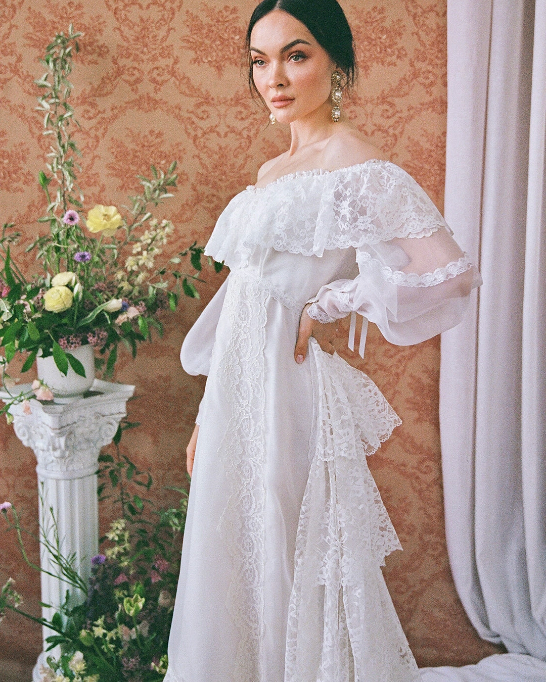 Vintage Off-The-Shoulder Lace Bridal Gown With Tiered Watteau-Style Train