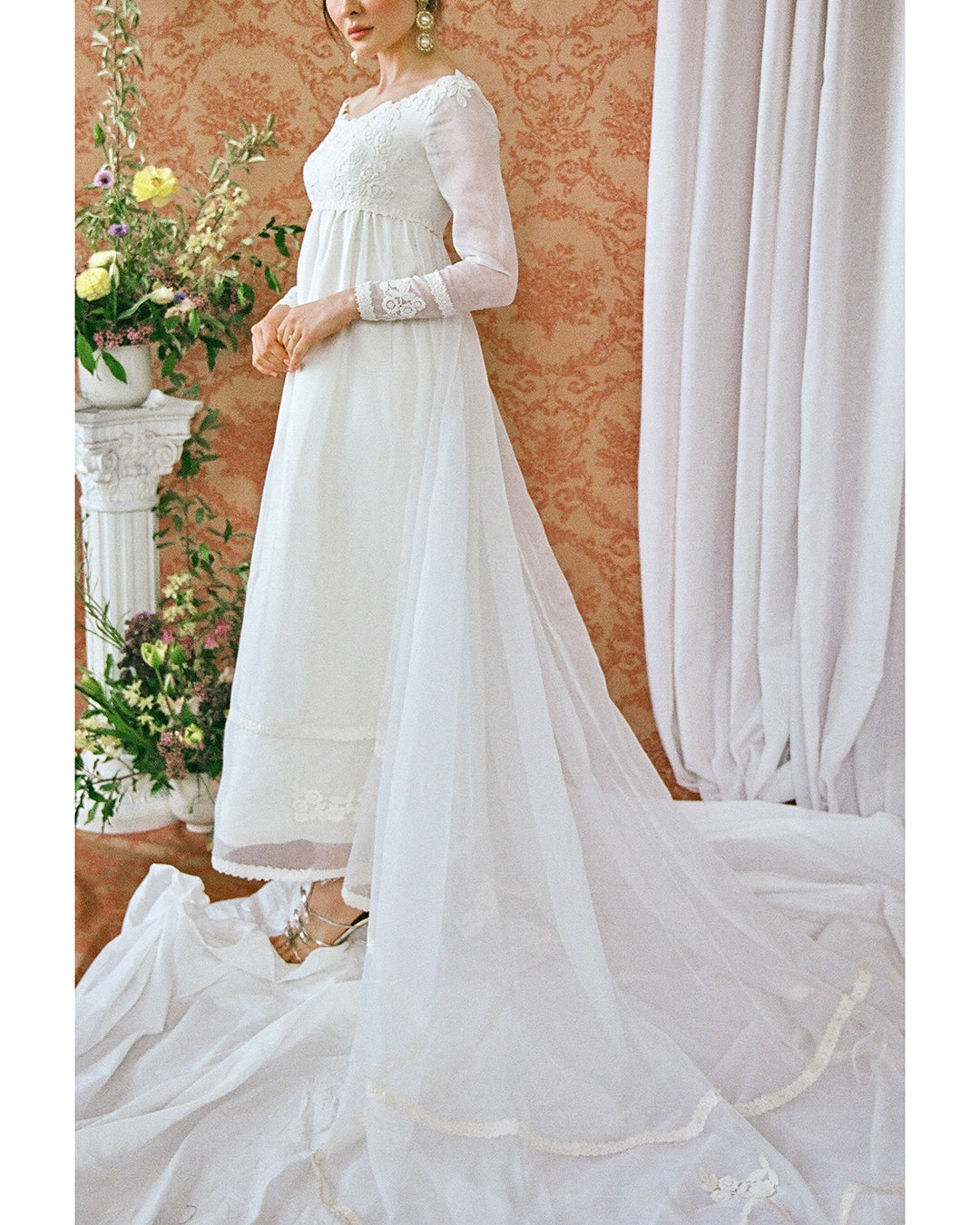 1960s Empire Waist Regency-Style Bridal Gown With Crochet Lace Appliqué And Train