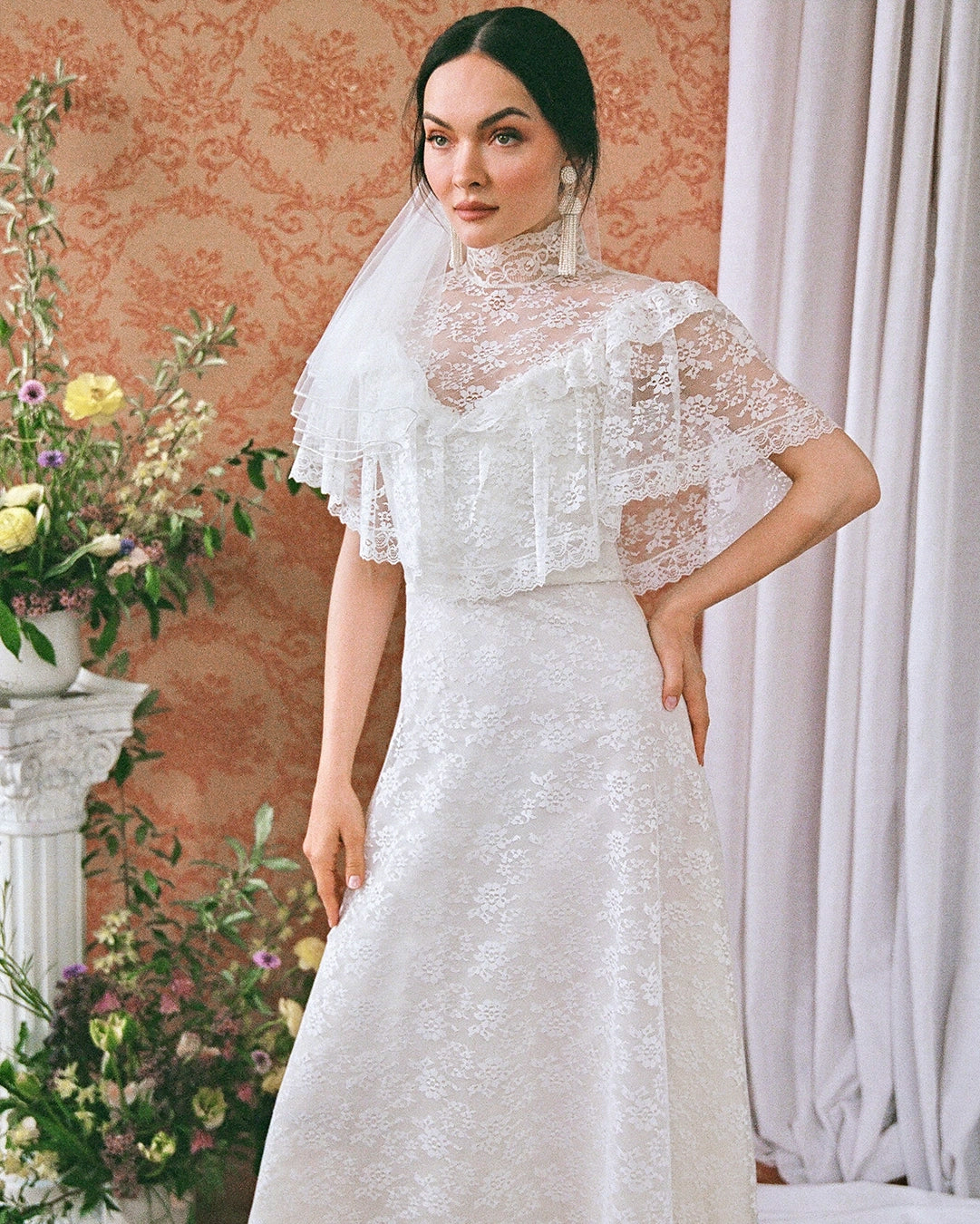 Vintage Ivory Lace High-Neck Dress With Cape Collar
