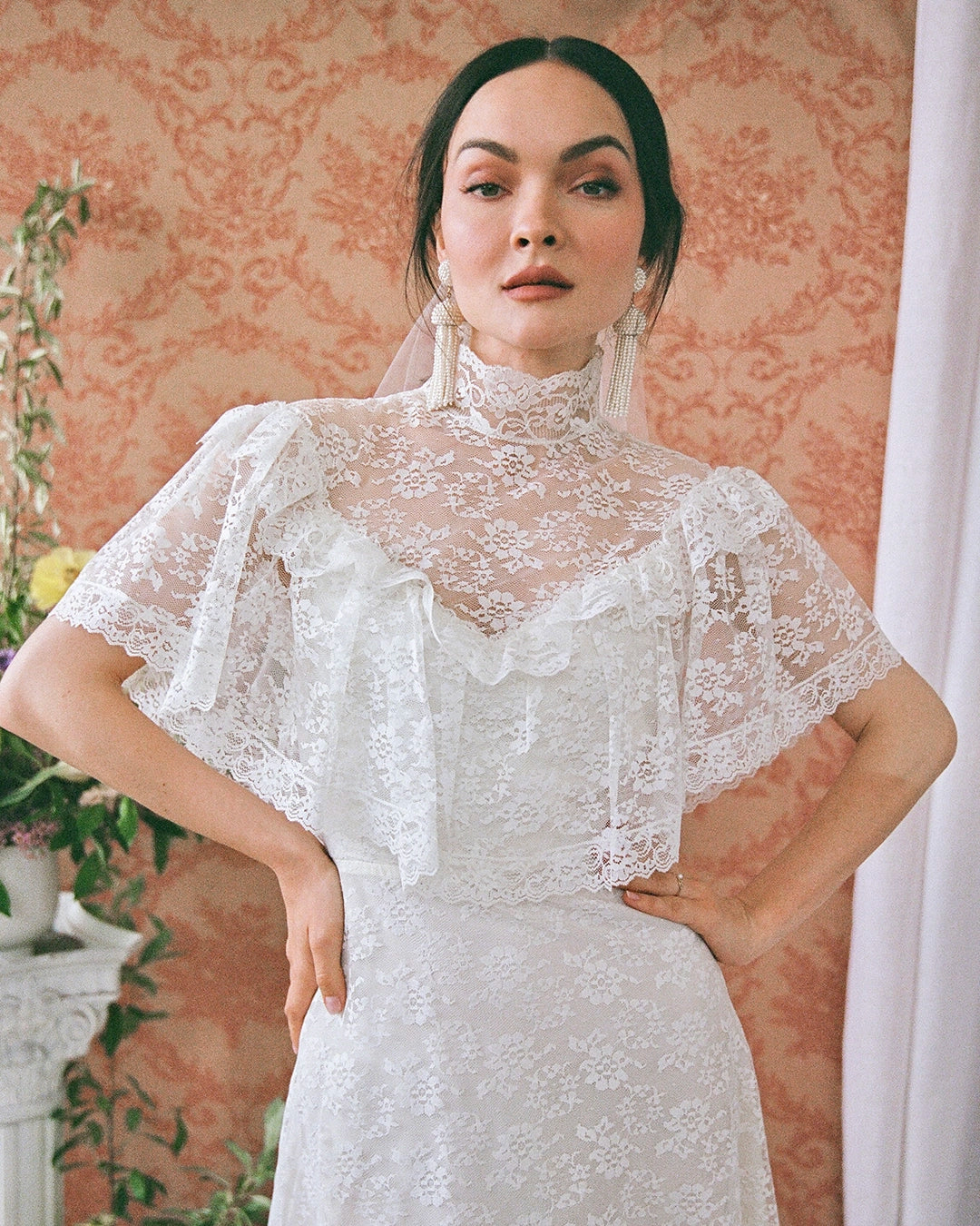 Vintage Ivory Lace High-Neck Dress With Cape Collar