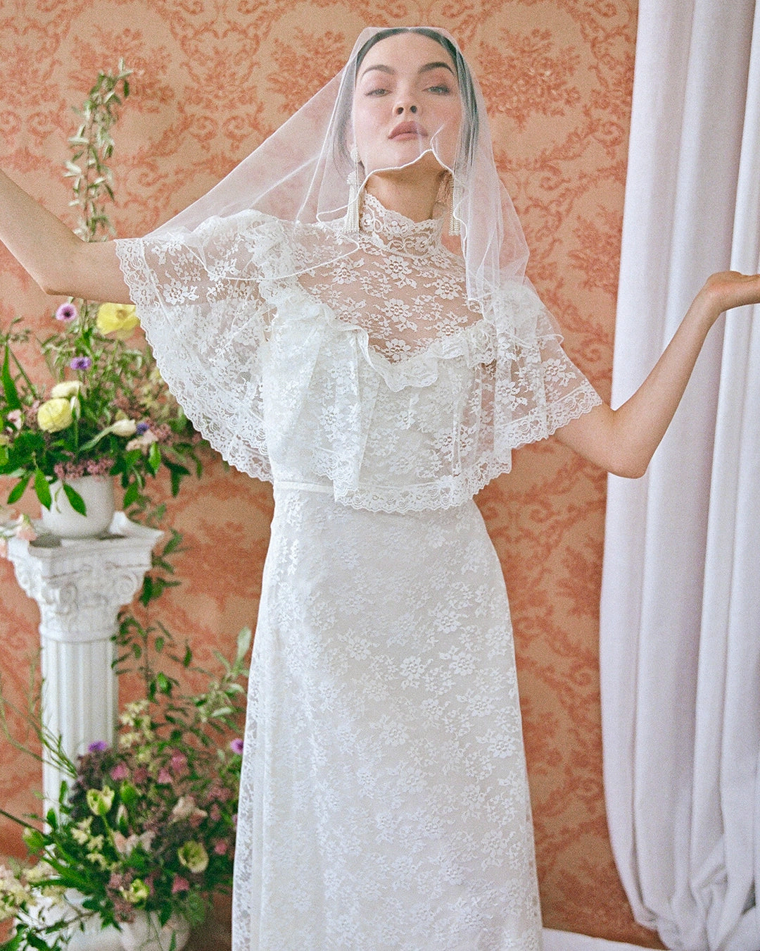 Vintage Ivory Lace High-Neck Dress With Cape Collar