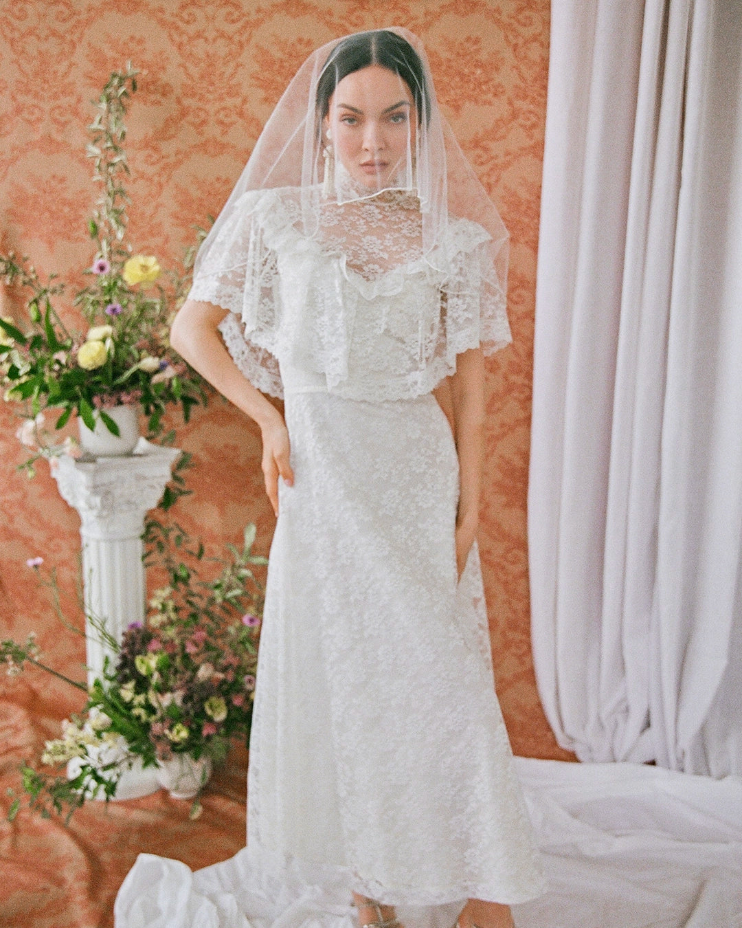 Vintage Ivory Lace High-Neck Dress With Cape Collar