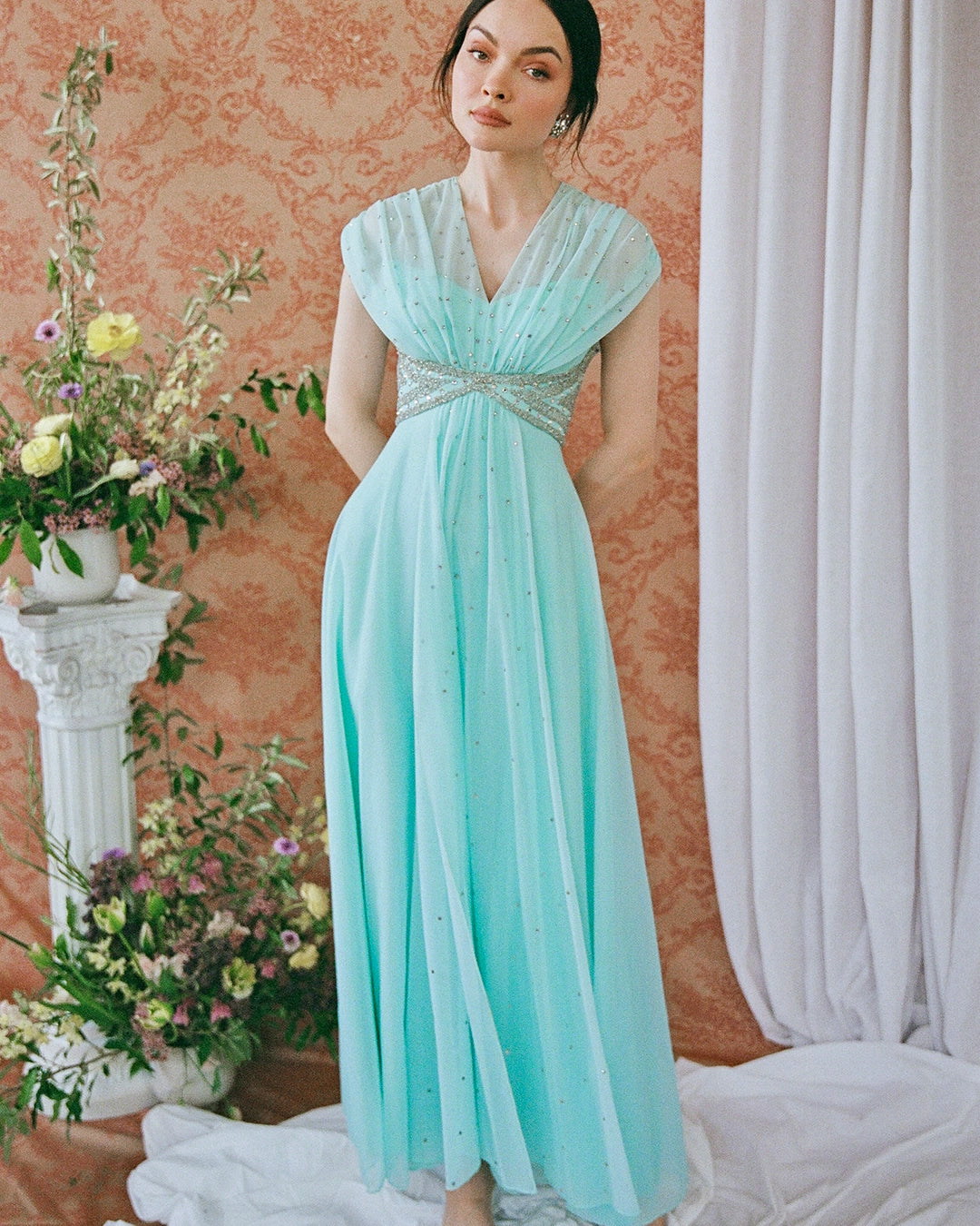 Early 1960s Empire Waist Embellished Tulle Gown
