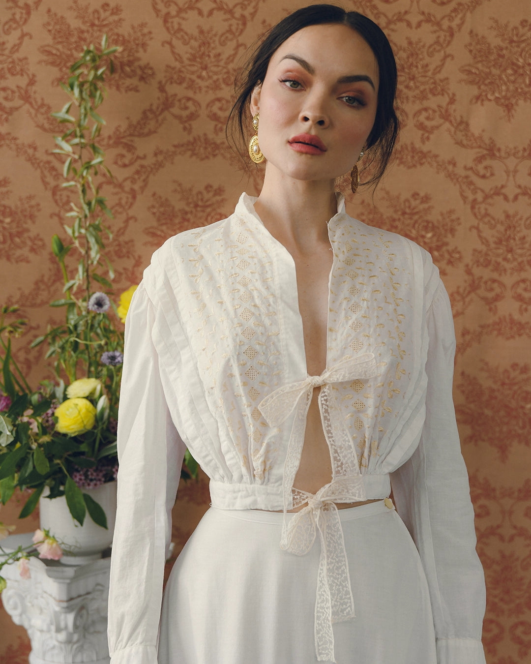Antique Edwardian Ribbon-Tie Blouse With Hand-Embroidery, circa 1900
