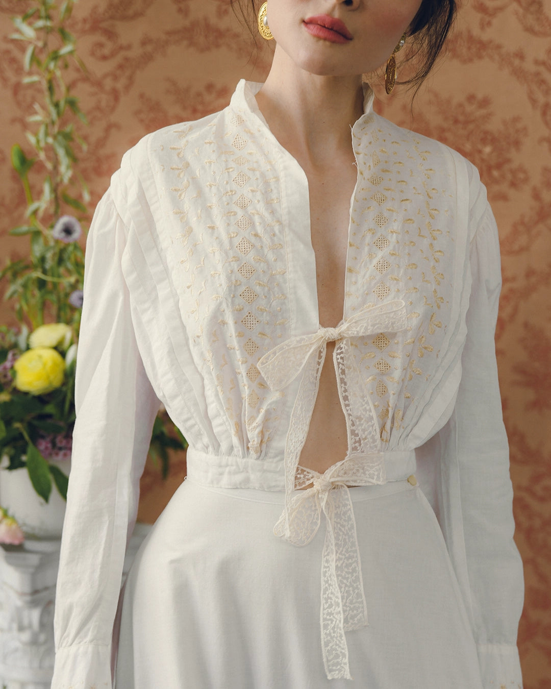 Antique Edwardian Ribbon-Tie Blouse With Hand-Embroidery, circa 1900