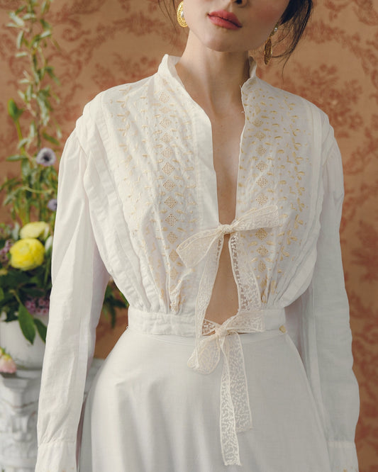 Antique Edwardian Ribbon-Tie Blouse With Hand-Embroidery, circa 1900