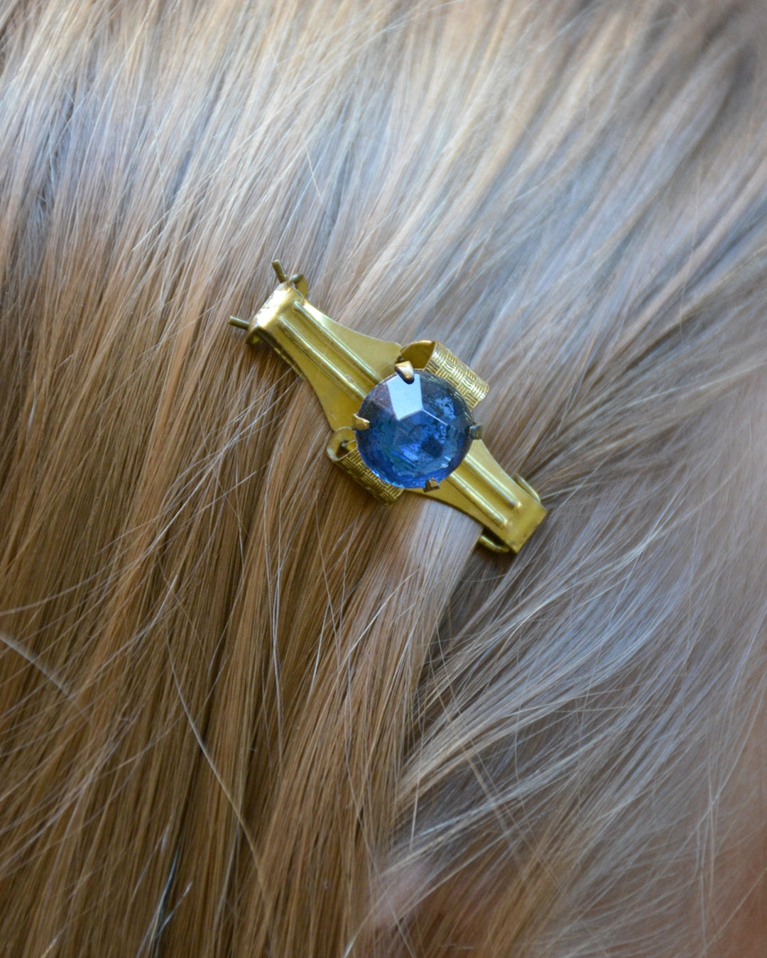 Antique Gold Barrette with Blue Stone