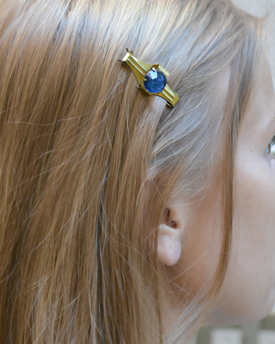 Antique Gold Barrette with Blue Stone
