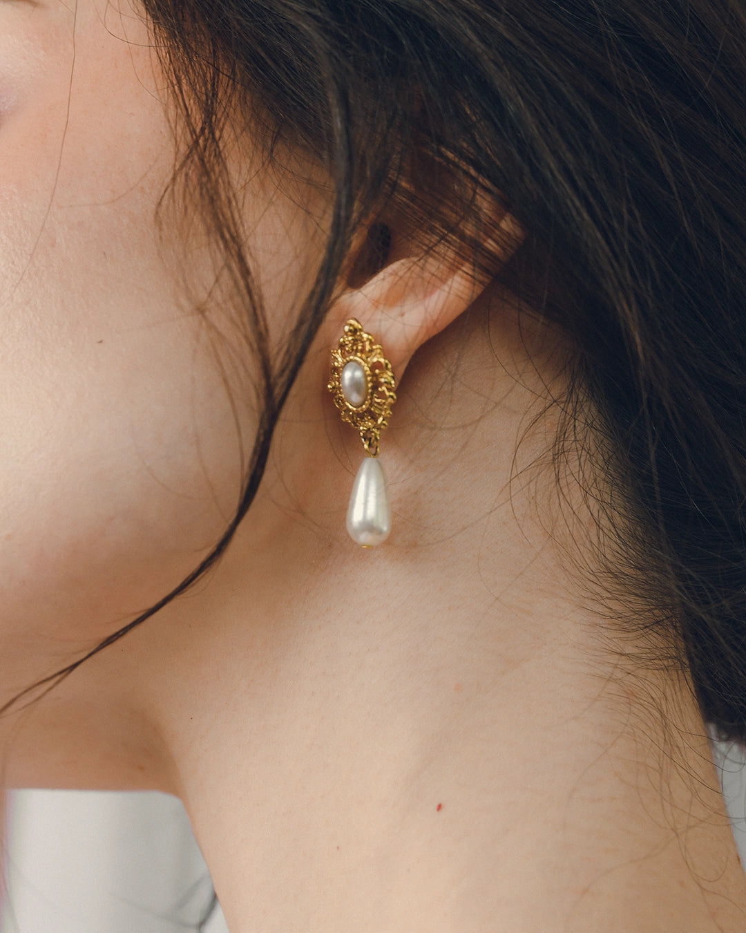 Vintage Rococo Revival Gold And Teardrop-Pearl Earrings