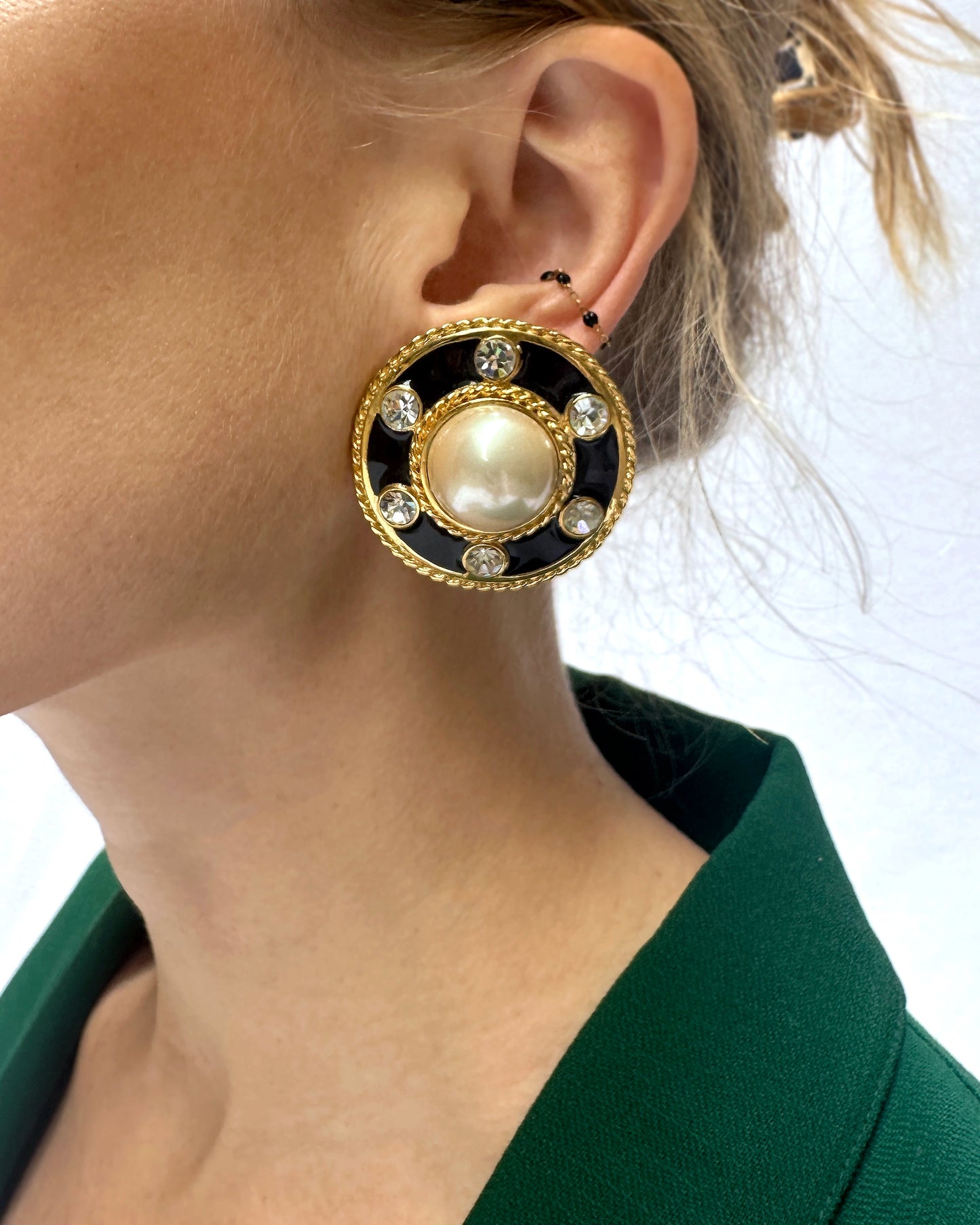 Vintage Black Enamel And Pearl Oversized Earclips