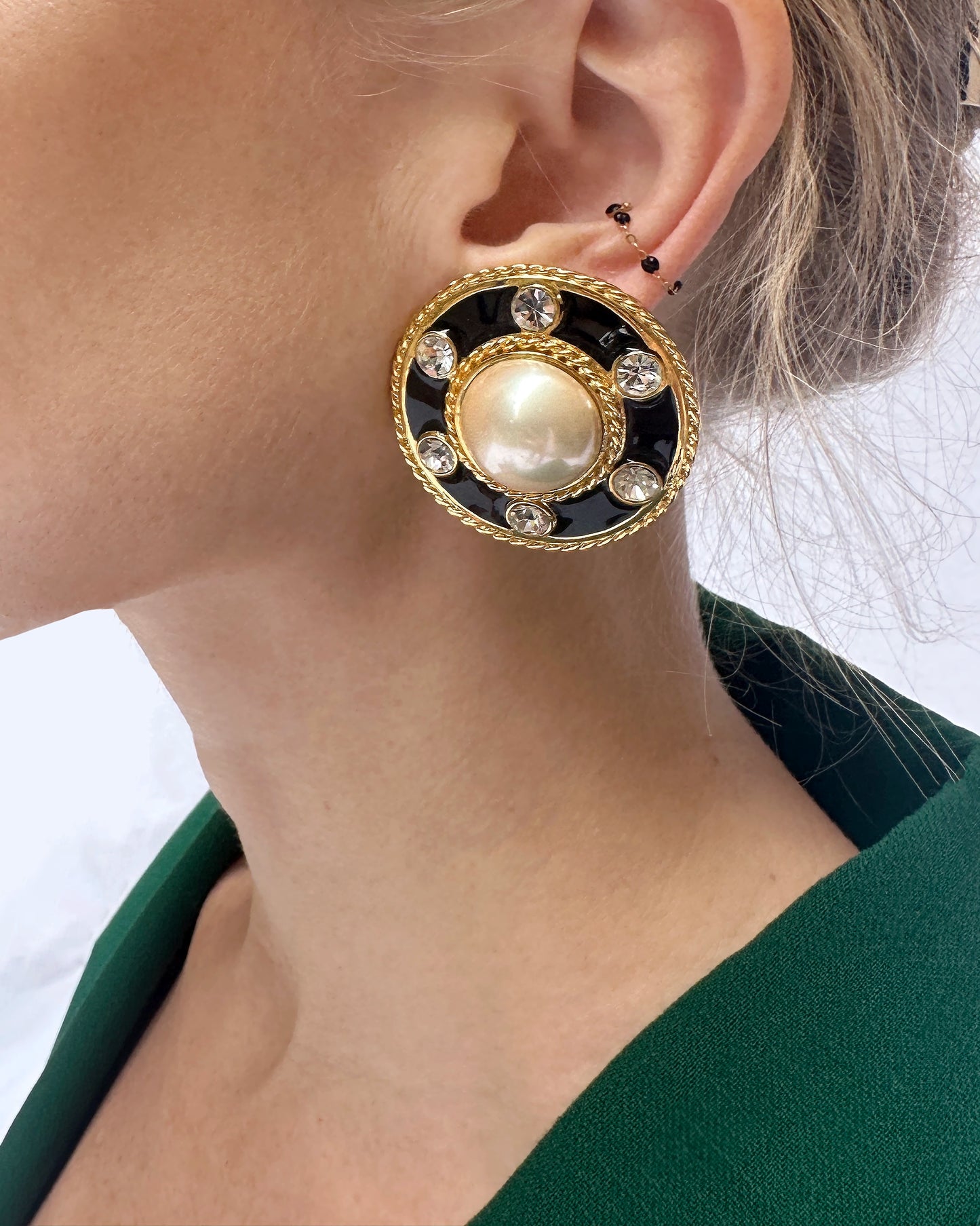 Vintage Black Enamel And Pearl Oversized Earclips