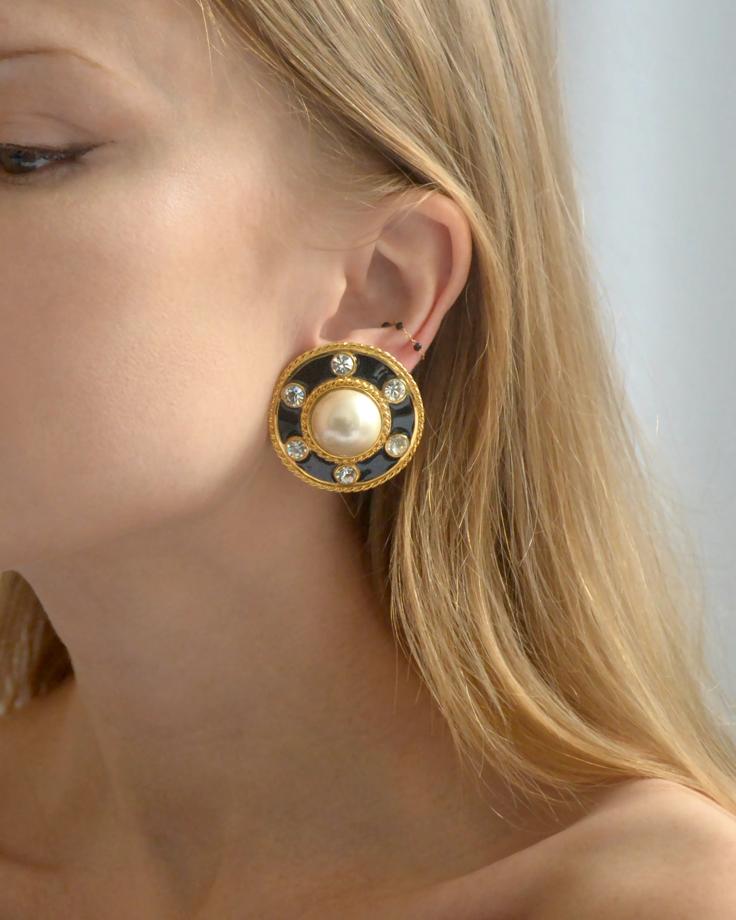 Vintage Black Enamel And Pearl Oversized Earclips