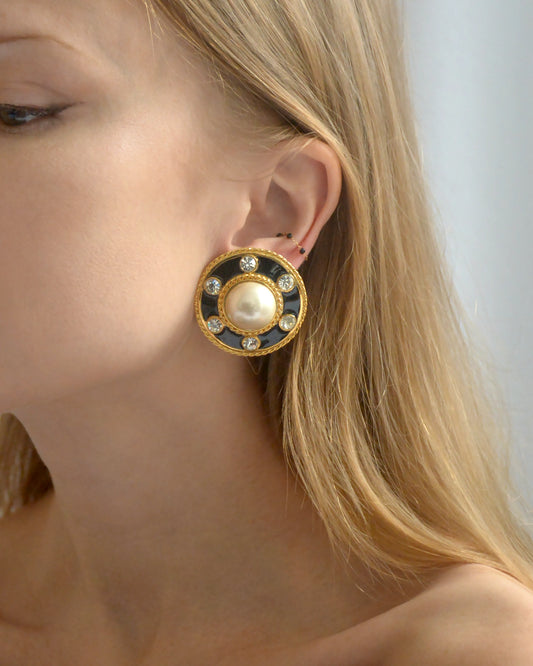 Vintage Black Enamel And Pearl Oversized Earclips