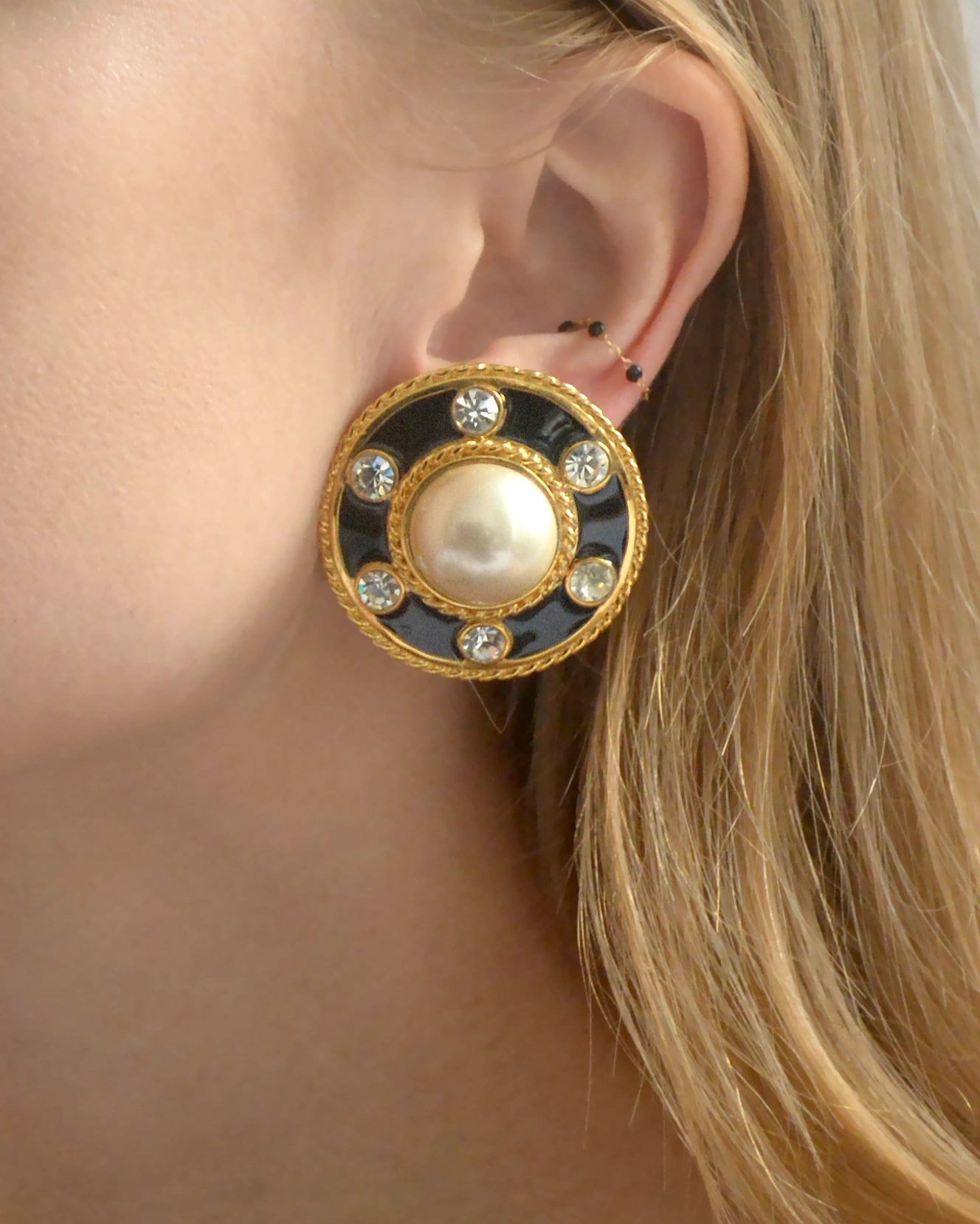 Vintage Black Enamel And Pearl Oversized Earclips