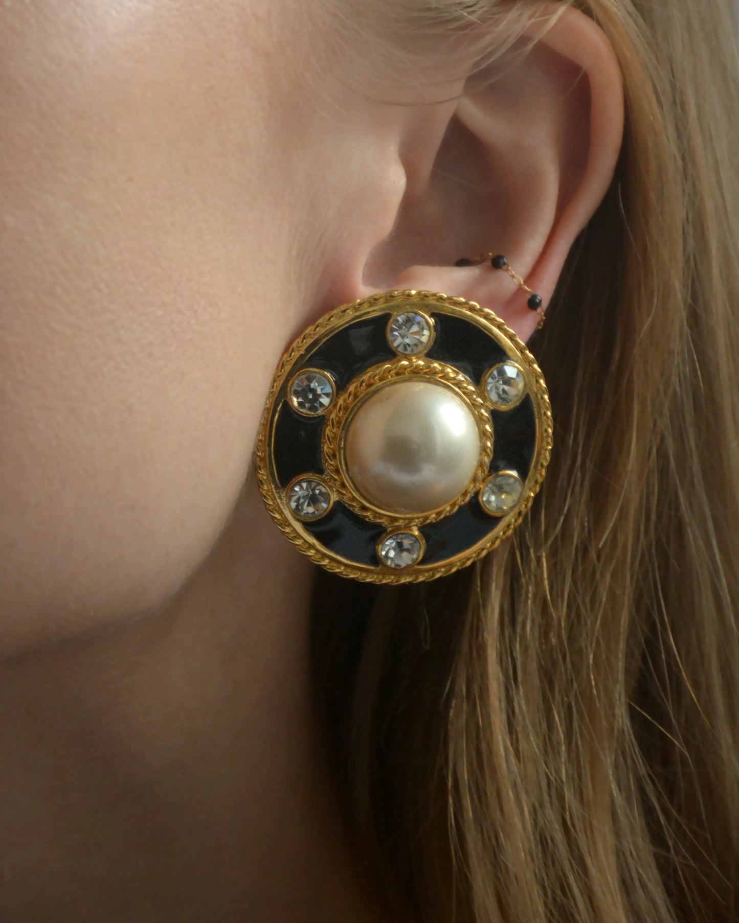 Vintage Black Enamel And Pearl Oversized Earclips