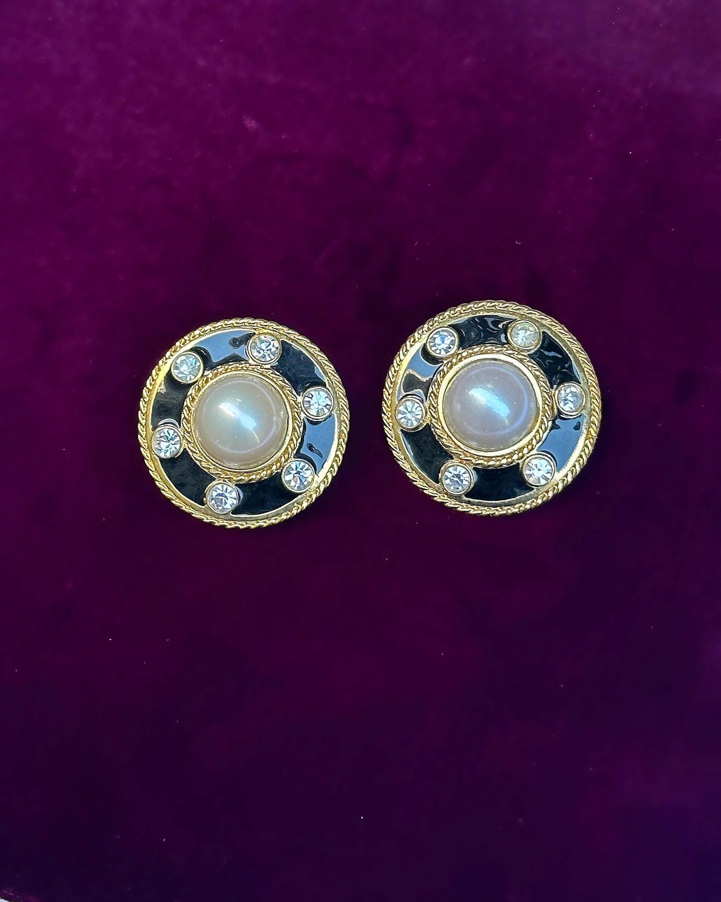 Vintage Black Enamel And Pearl Oversized Earclips