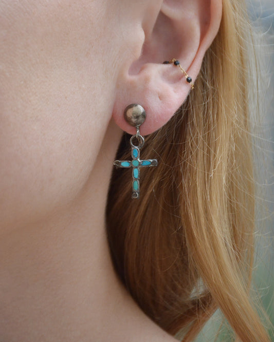Vintage Turquoise and Sterling Silver Cross Drop Earrings