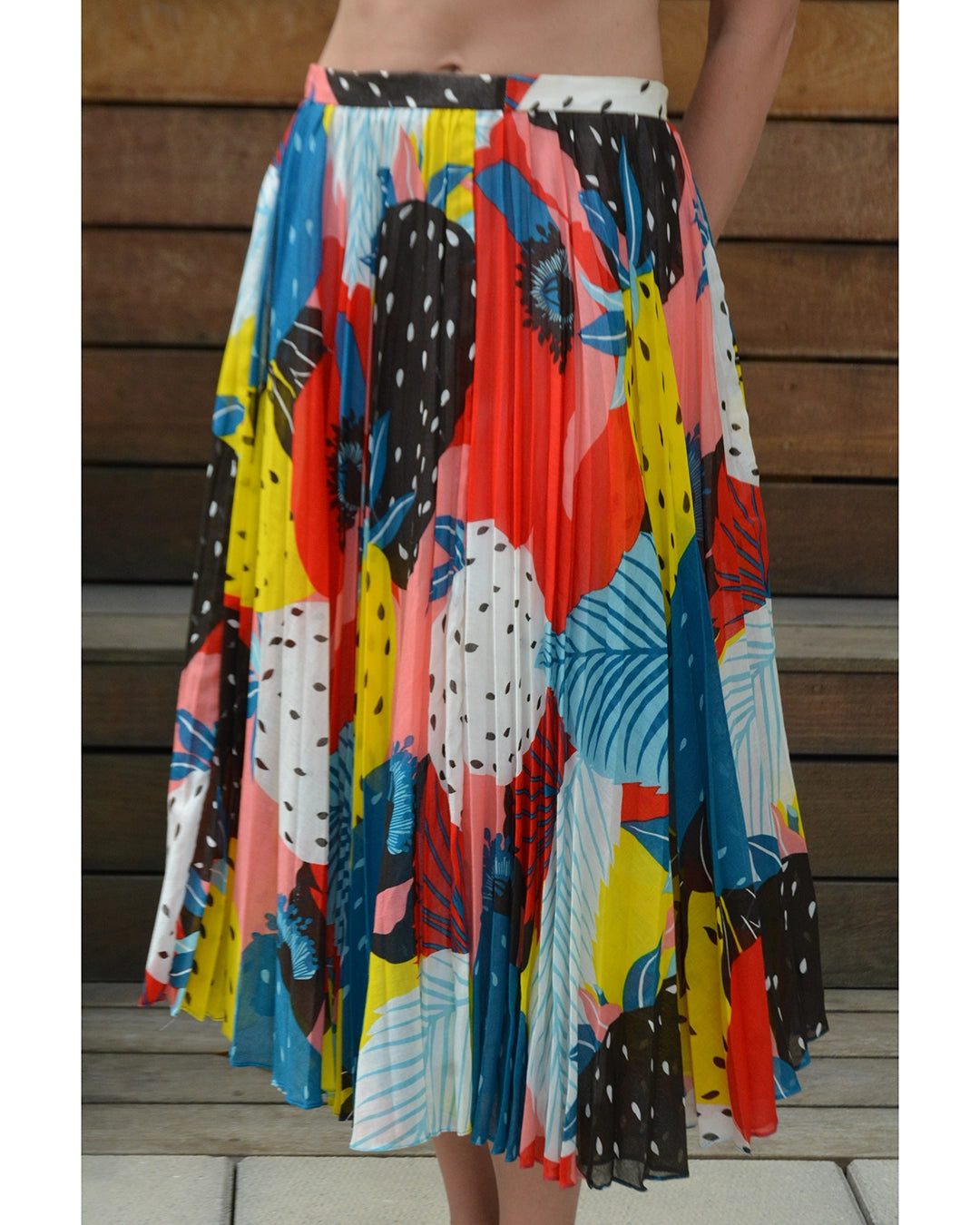 Vintage French Abstract Fruit Print Sunray Pleated Cotton Skirt